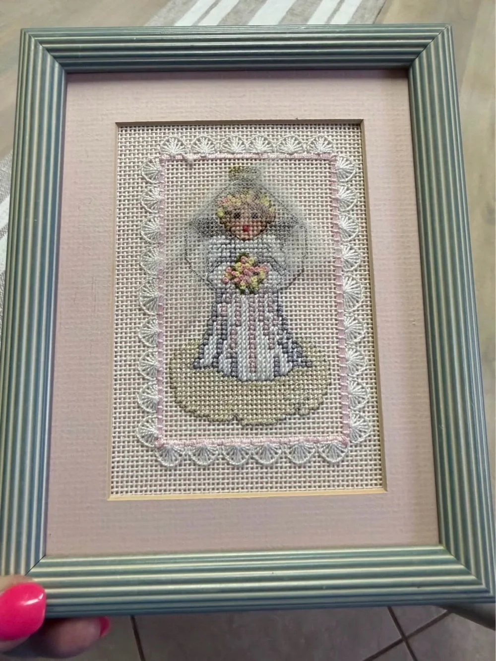 Vintage Cross-Stitched Bride Picture Matted and Framed Professionally
